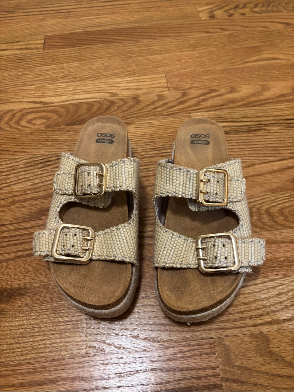 ASOS Beige Woven Double-Buckle Slide Sandals